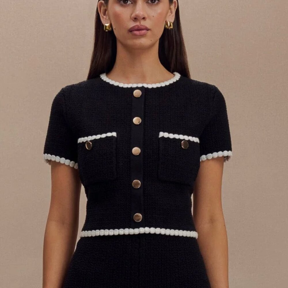 MESHKI Saffron Contrast Knit Crop Button Top - Black & White Monochrome - Small